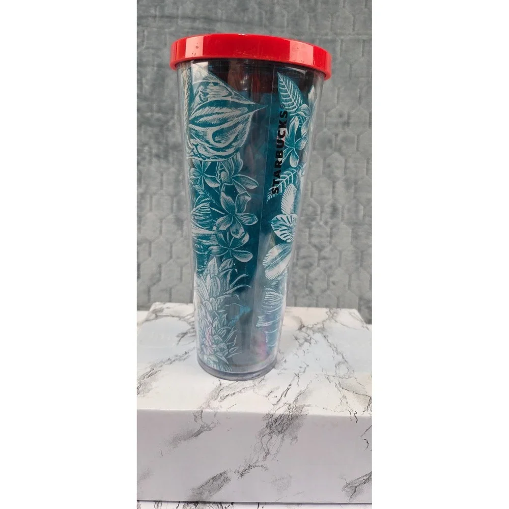 Starbucks Tropical Blue Flower cold tumbler 24 oz. - 2017 red lid, missing straw